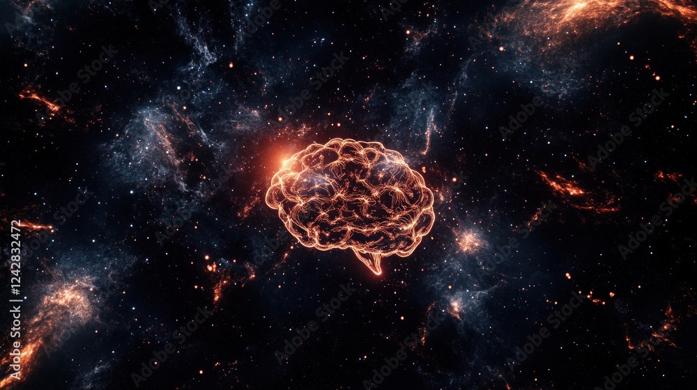 Poster cosmic brain illuminated against starry galaxy background