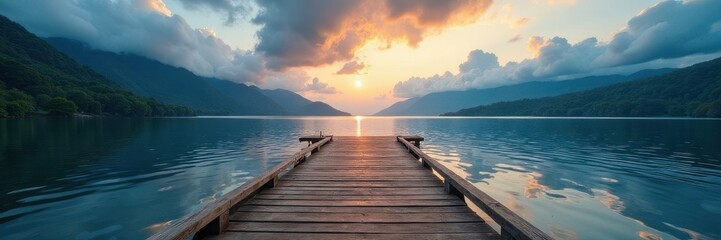 Obraz premium Rustic wooden pier extends over calm lake, dramatic clouds , majestic, white, lake pier wood clouds sky nature landscape serenity tranquil water reflection
