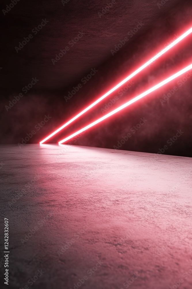 Poster a set of vibrant red neon light beams radiates and converges towards a central point, casting a soft