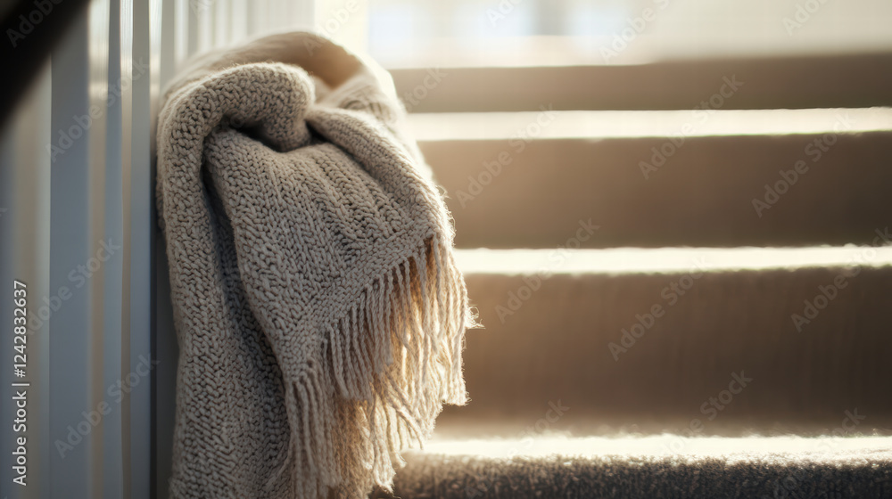 Poster cozy blanket draped over railing on softly lit stairs creates warm and inviting atmosphere. gentle l