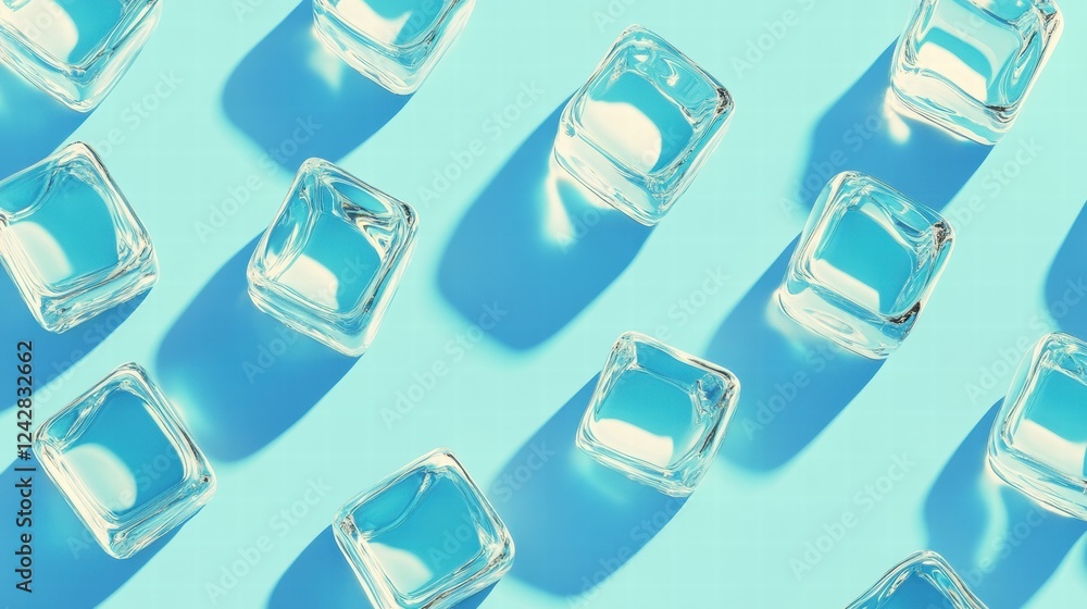 Poster clear ice cubes arranged on a bright blue surface casting shadows in soft lighting. generative ai