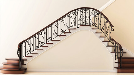 Modern staircase with elegant railing design, showcasing blend of wood and metal elements. stylish curves and intricate patterns add sophistication to interior space