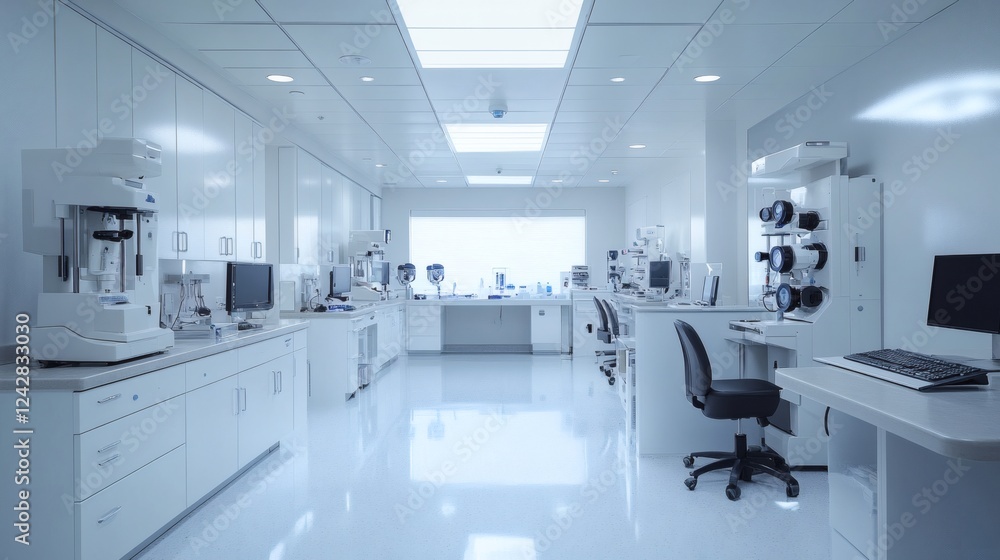 Poster modern ophthalmology clinic featuring an array of hightech eye examination instruments including sli