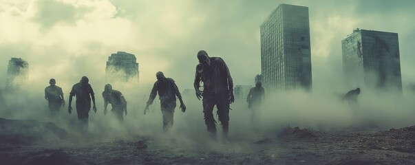 Misty silhouette of zombies in a cityscape background.