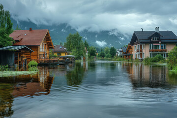Naklejka premium Overflowing River Causes Widespread Flood Damage