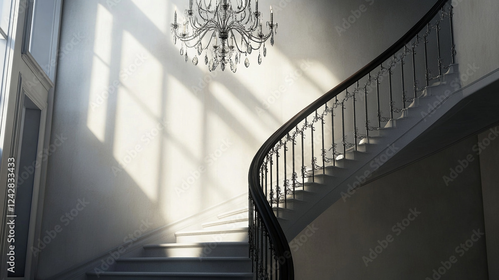 Aufkleber stunning staircase with elegant chandelier overhead, showcasing intricate railings and soft light fi