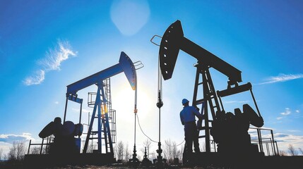 Oil Pump Jack Silhouette Against Blue Sky Worker Present