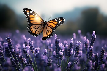 A butterfly in mid-flight above a field of purple lavender, the sunlight illuminating its wings as it gracefully navigates the aromatic blooms in full bloom.