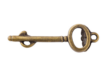 The vintage bronze key is isolated on a white background.