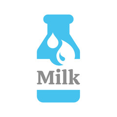 Milk bottle vector label. Colorful blue and white with milk text icon.