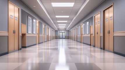 Empty hospital hallway with bright lighting and polished floors. Concept of cleanliness and healthcare.