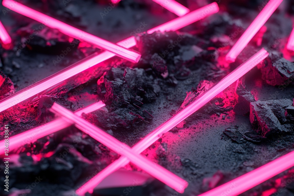 Aufkleber fragmented neon lines in vibrant red and pink tones crisscross over a dark backdrop, offering a stri