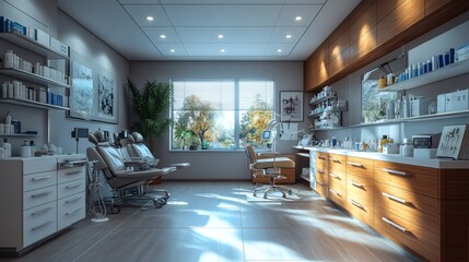 Modern ophthalmology room with a variety of eye care equipment including fundus cameras eye pressure monitors and neatly organized medicines and surgical instruments for eye treatments