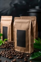 Blank labeled Coffee Packaging: Sustainable kraft paper coffee bag, pouch. Freshness container. Barista. Brand. Coffee. Product packaging design.