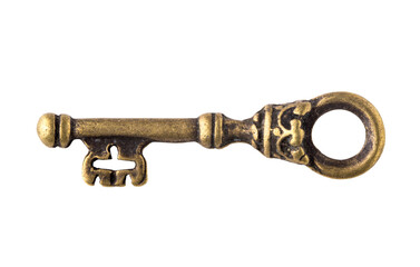 The vintage bronze key is isolated on a white background.
