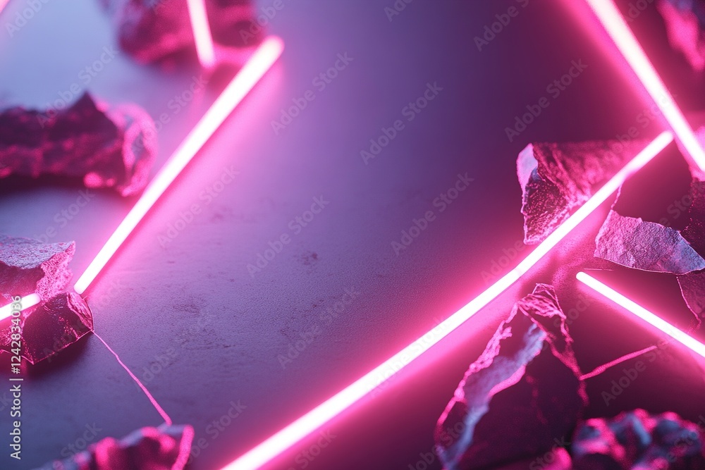 Poster bright neon lines in shades of red and pink weave chaotically across a dark backdrop, creating a str