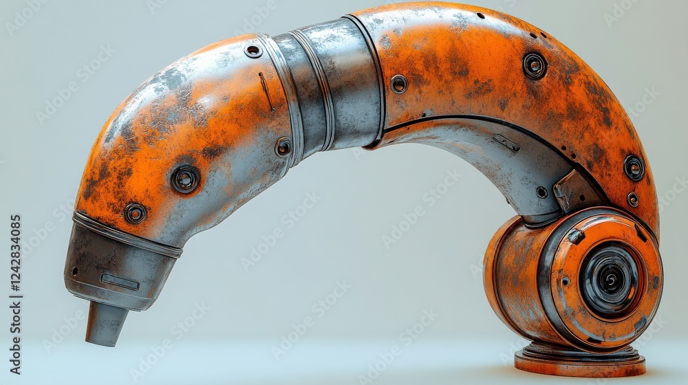 Poster a futuristic, rusty mechanical pipe with intricate details and a rounded end, set against a plain ba