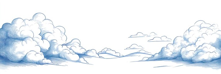 Obraz premium Blue Line Drawing Of Clouds Over Rolling Hills