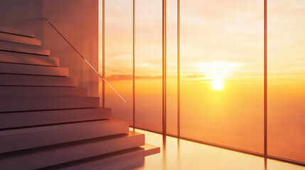 Stairs leading to stunning sunset view through large windows create serene atmosphere. warm colors of sunset reflect beautifully on modern interior