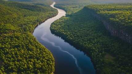 Obraz premium Winding river through lush greenery, aerial view of vibrant landscape showcasing nature's curves and tranquility, open space for text.