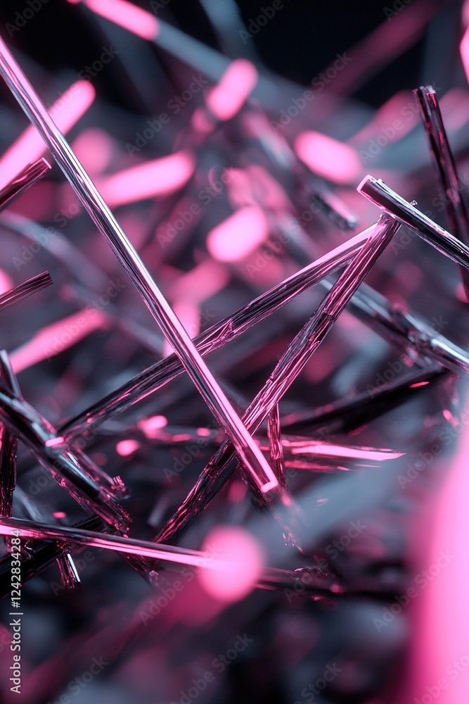 Poster scattered neon lines in vibrant red and pink crisscross against a dark backdrop, forming an intricat