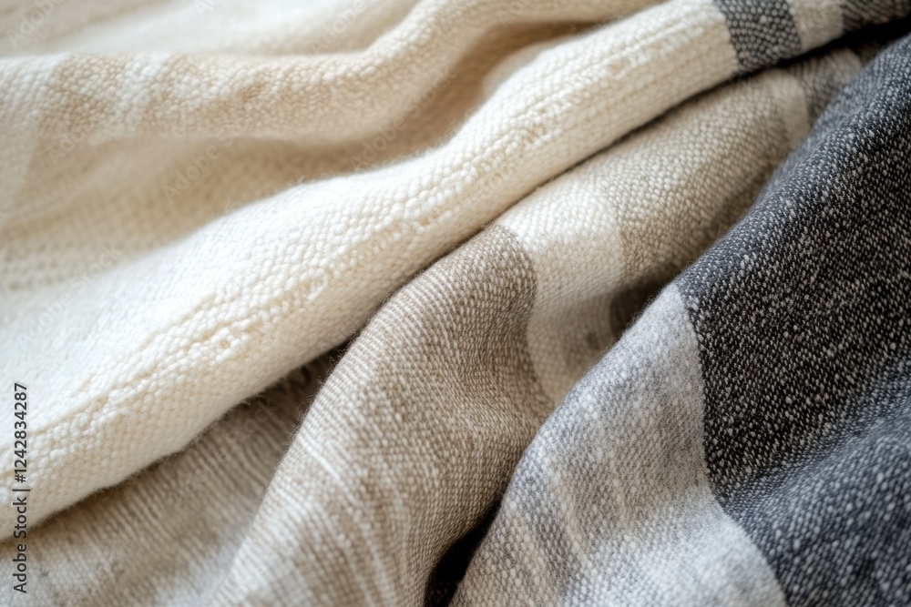 Poster soft textured blankets in neutral colors arranged in layers with subtle patterns for cozy interior d