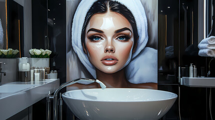 Woman's bathroom with modern decor and artistic wall mural. Generative AI