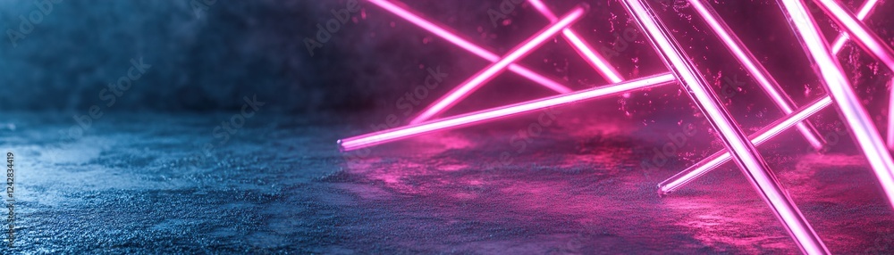 Poster scattered neon lines in vibrant red and pink tones weave across a dark background, creating an energ
