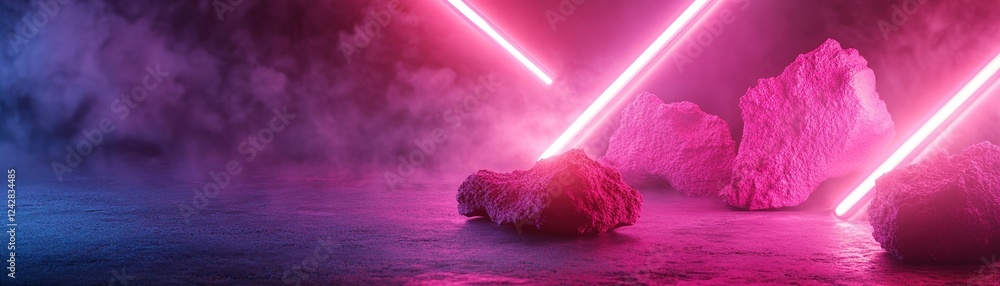 Poster fragmented neon lines in red and pink intersect across a dark background, offering a striking visual