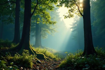 Obraz premium Forest landscape with misty atmosphere and leafy trees, , soft focus