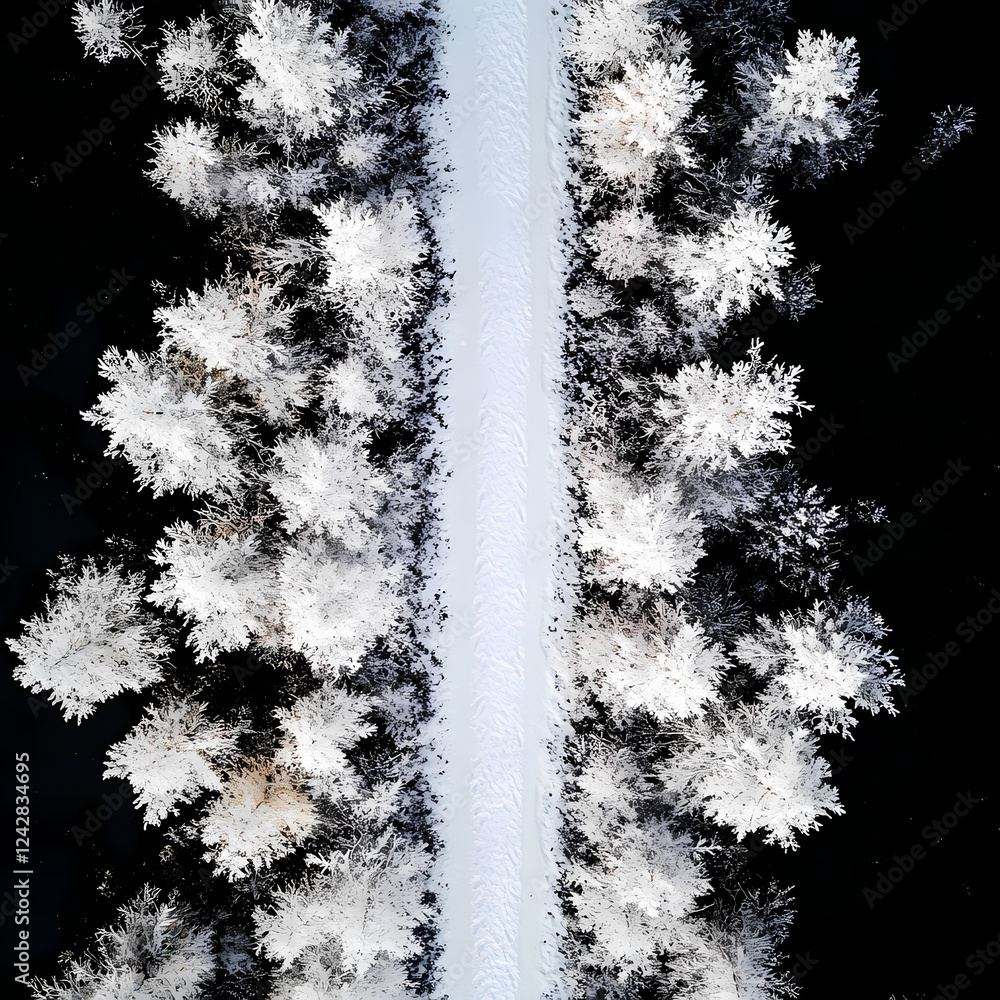 Poster Snow-covered trees lining a frost-covered path in winter scenery. Generative AI