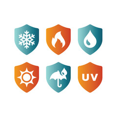 Snowproof, fire proof vector shield label set. UV, cold and heat resistant and protection icon set.