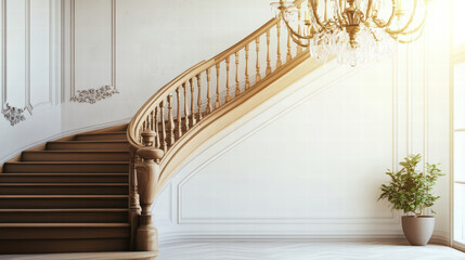 Elegant vintage staircase with wooden railing and chandelier, featuring potted plant in bright, airy space. design exudes sophistication and charm