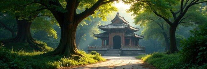 Dappled forest light filters through trees near a temple entrance, shaded walkway, temple entrance