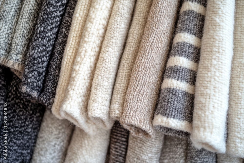 Poster soft textured wool fabrics in neutral tones arranged elegantly on display. generative ai