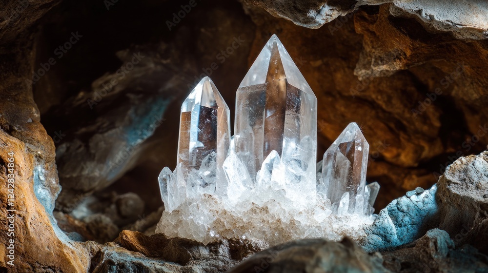 Poster Crystal Clusters Gleaming Inside a Dark Cave