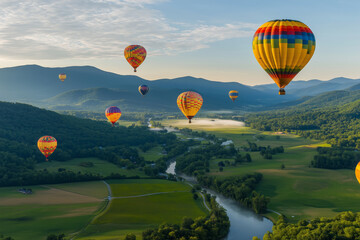Fototapeta premium Numerous vibrant hot air balloons with elegant woven gondolas float across the sky above a stunning landscape.
