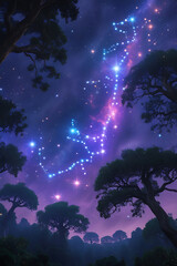 a vibrant constellation sprawled across the starry night sky above a lush, dense forest, created by generative ai
