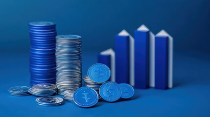 Visual concept of blue and silver coins stacked beside bar chart showing growth. image conveys financial success and investment potential