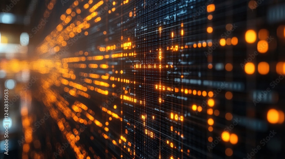 Poster abstract digital data flow with glowing orange dots against a dark background, representing technolo