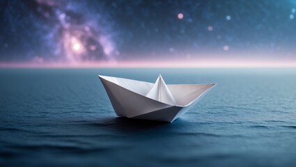 Obraz premium Paper boat floating on tranquil water under a starry night sky with cosmic hues of purple and blue