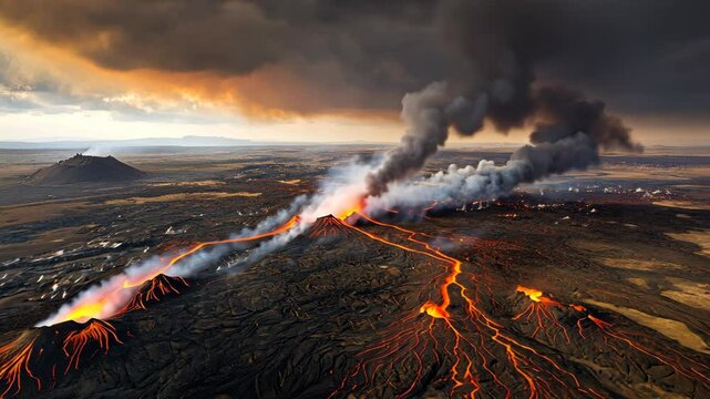 Volcanic eruption showcases flowing lava and smoke billowing over a rugged landscape in dramatic evening light
