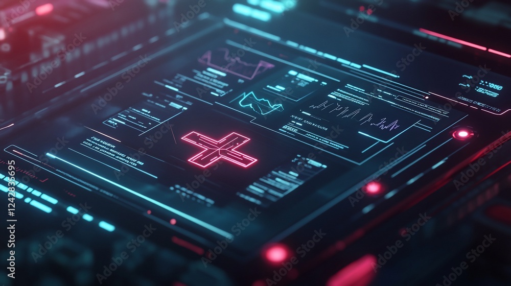 Poster futuristic medical interface displaying health data with a bright red cross symbol