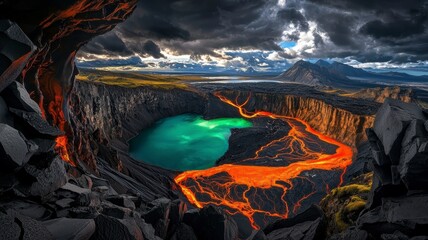 Volcanic eruption tectonic concept. A dramatic volcanic landscape featuring a glowing lava flow into a turquoise lake, surrounded by dark rocks and ominous clouds.