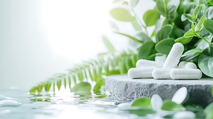 A tranquil design of soft green foliage and flowing water, with pills and capsules subtly incorporated into the composition, ography, studio lighting, advertising style