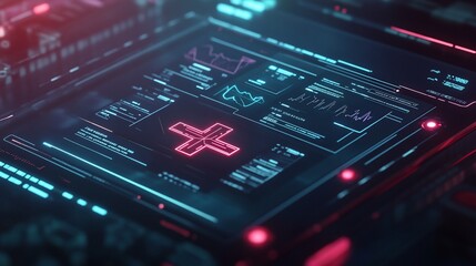 Futuristic medical interface displaying health data with a bright red cross symbol