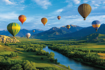 Fototapeta premium Numerous vibrant hot air balloons with elegant woven gondolas float across the sky above a stunning landscape.