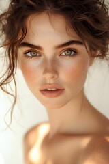 Naklejka premium portret beauty, kobieta, miękkie światło, subtelny blask, złote tony, naturalne włosy, minimalizm, artystyczny portret, delikatność, neutralna kolorystyka, lekkość, piękno, eteryczność, fotografia bea