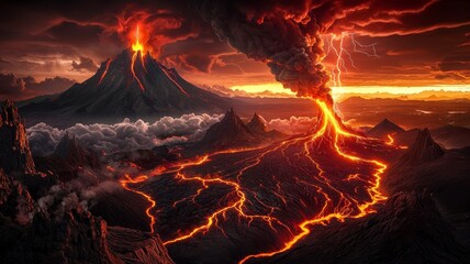 Volcanic eruption tectonic concept. A breathtaking volcanic eruption scene with lava flows, dark clouds, and an orange sunset, showcasing the raw power of nature.
