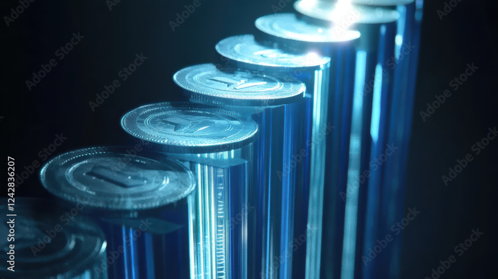Poster visual representation of blue and silver coins arranged in row, reflecting light and creating futuri